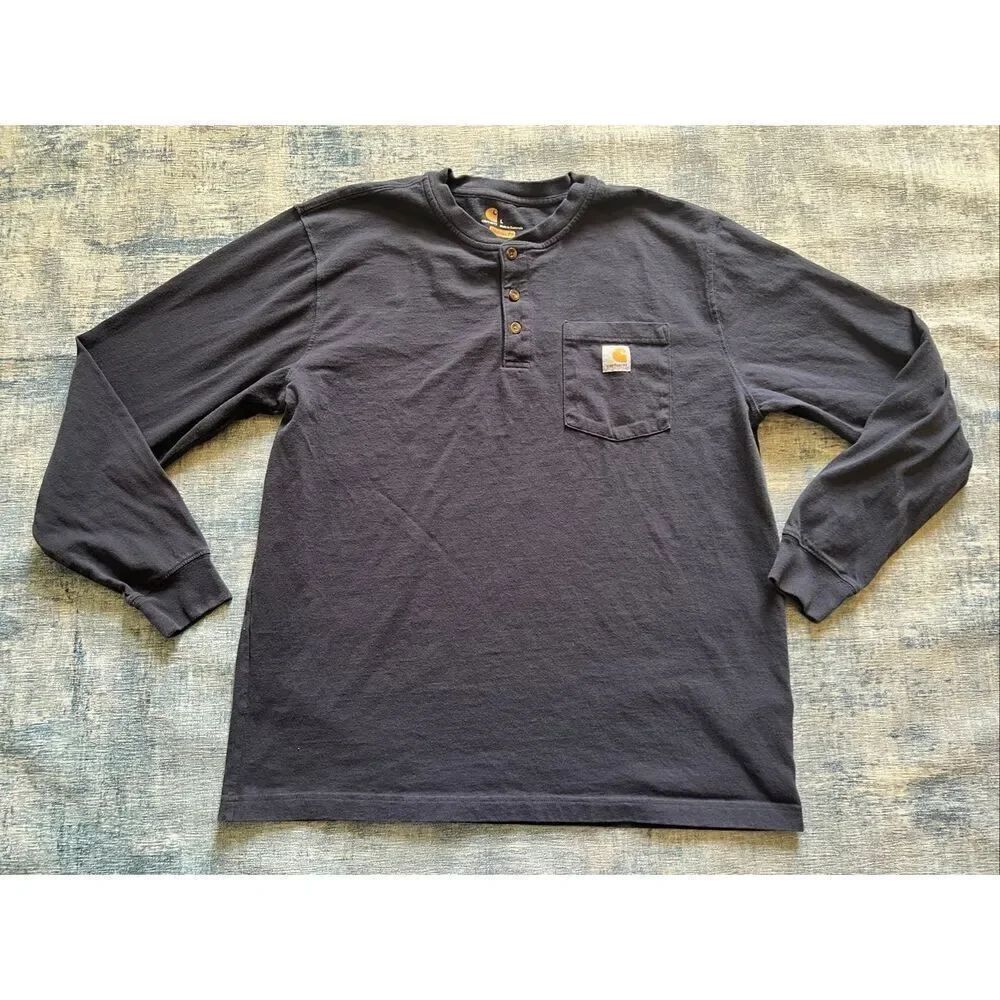 Carhartt Dark Blue Henley Long Sleeve Pocket Tee Original Fit Large